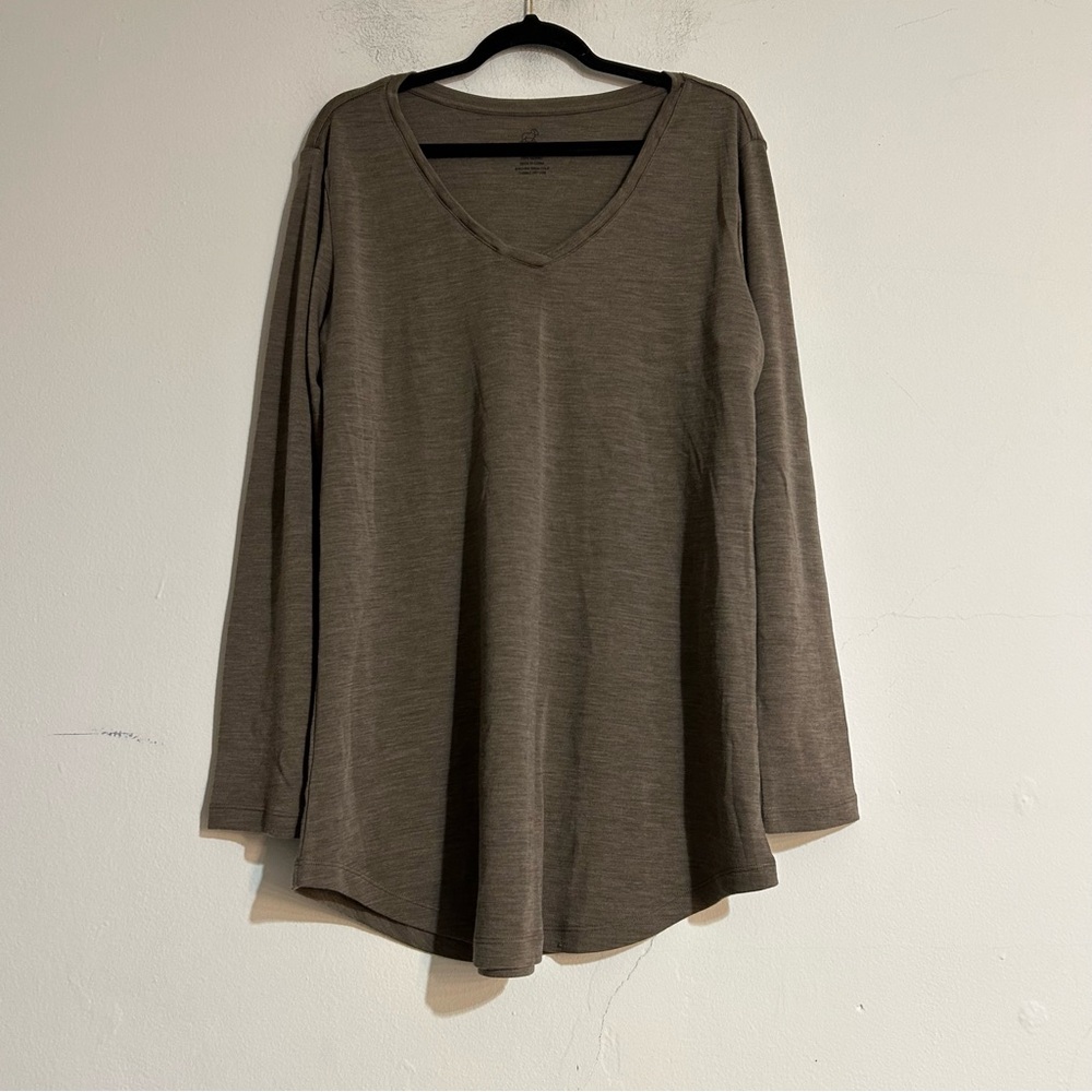 Woolx Eva 100% Merino Wool V-Neck Tunic Top Tan Brown 1X Outdoor Hiking Warm